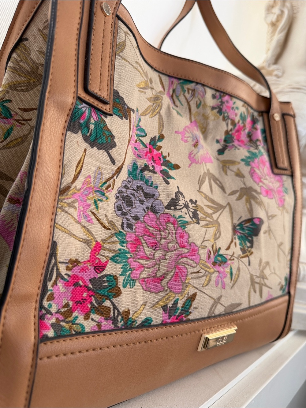 Jones New York Floral Canvas Tote in Cream, Pink and Tan